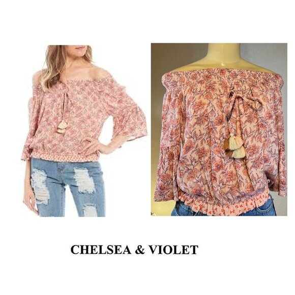 🎩🗝️ NWT $49Chelsea & Violet Boho Coral Floral Off-the-shoulder Top Size XS - Picture 1 of 5